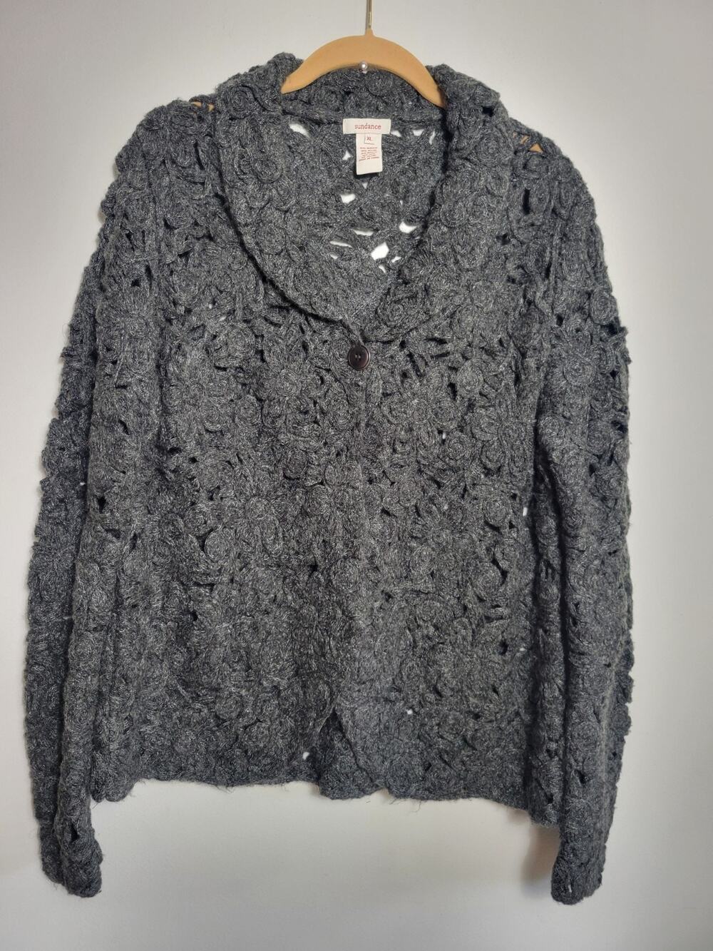 Sundance Gray Knit Cardigan Women Size XL Wool blend Crochet Knit